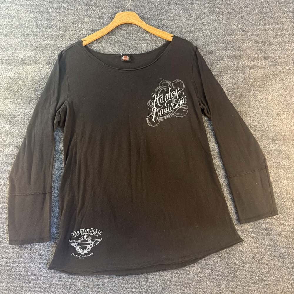 Harley‎ Davidson Womens Large Black Angel Wing Lace Back Long Sleeve Tee